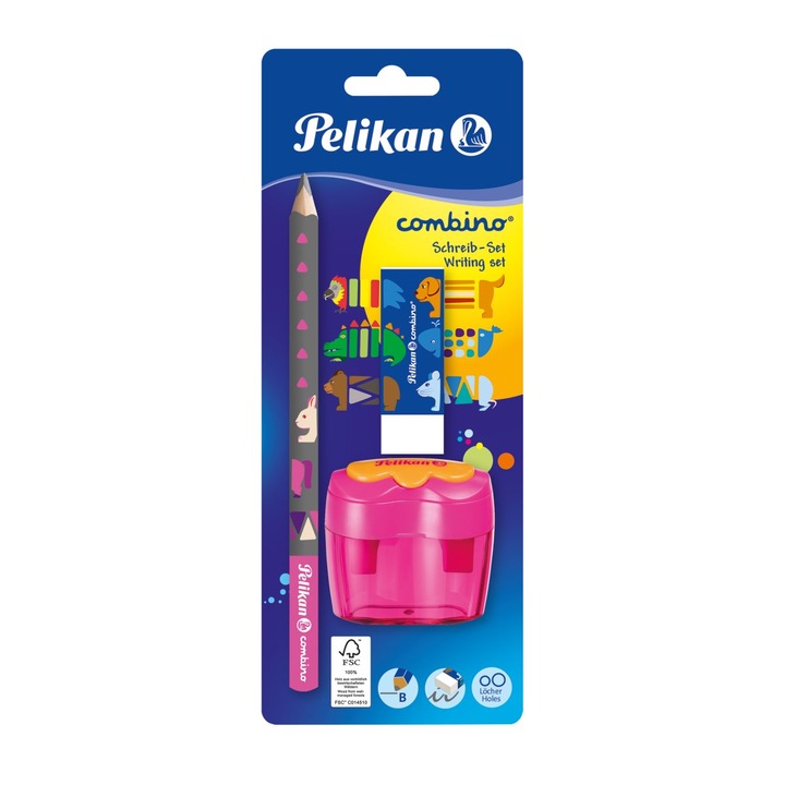 Set creion grafit, ascutitoare, radiera Pelikan Combino, roz