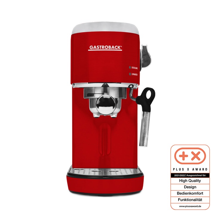 Espressor automat Gastroback, Piccolo, ideal pentru toate specialitatile de cafea, 19 bar, sistem de incalzire Thermo-Block​​​​​​​, functie spumare lapte, ergonomic, accesorii incluse, rosu