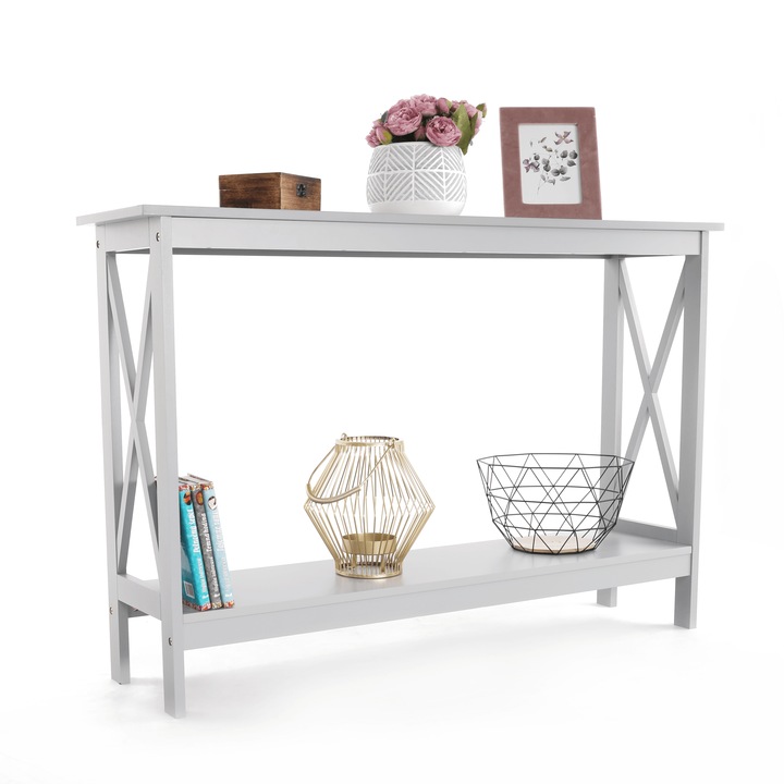 Consola gri deschis, cu raft, eleganta, practica, PAL melaminat, cu model lateral, living, bucatarie, hol, dormitor, 120x30x80 cm, Bortis