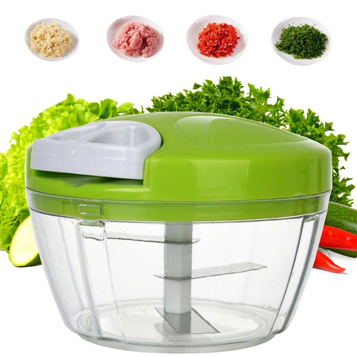 Kézi zöldségaprító, Mini Hachoir Chef, 3 kés, fehér-zöld