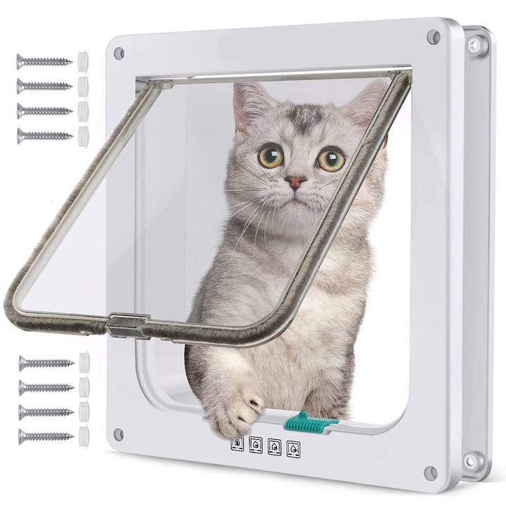 Usa batanta pentru animale de companie, BYONDSELF®, L 25.3 x 23.7 x 5.4 cm, ABS, 4 moduri de intrare/iesire, pentru pisici si caini de talie mica, Alb