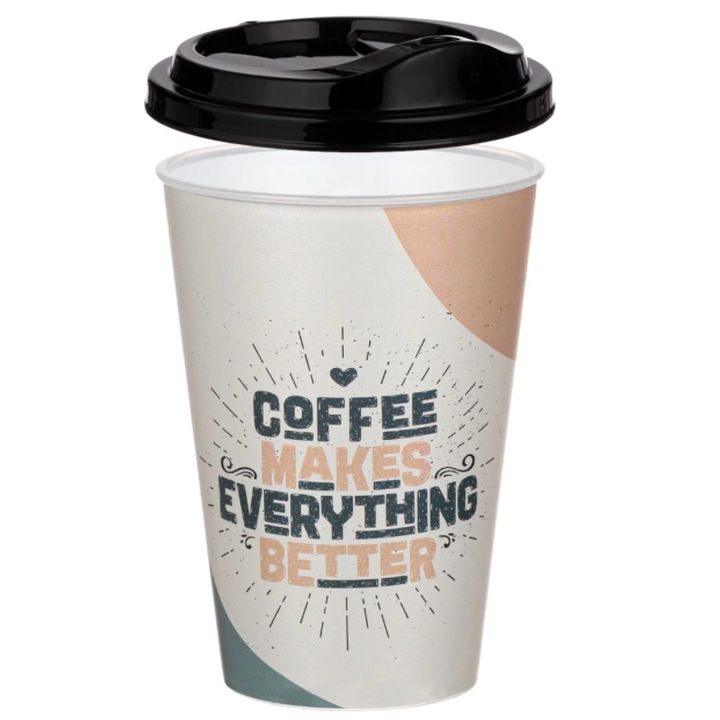Pahar de plastic cu capac pentru cafea, Multicolor, 500 ml