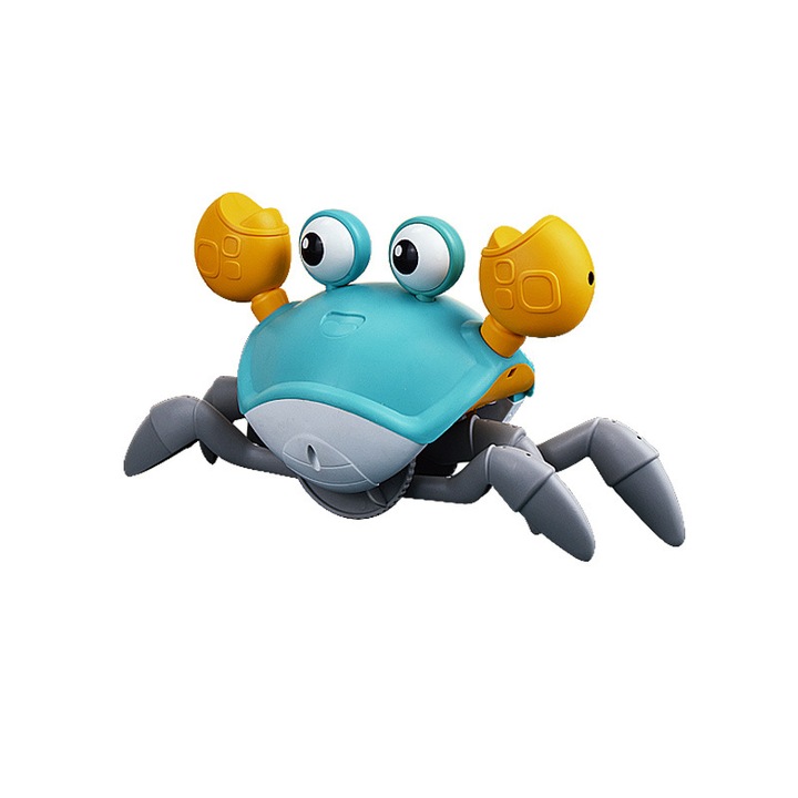 Jucarie interactiva pentru copii, crab mergator cu lumini, sunete si senzori miscare 3 ani+, incarcare USB, 23x14x11 cm, albastru