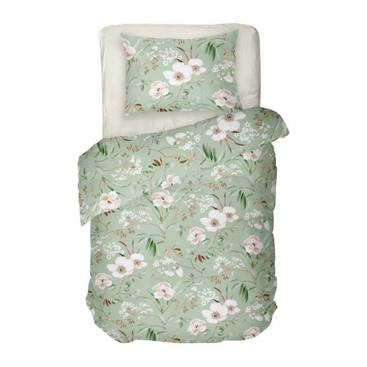 Спален комплект Dilios, Магнолия, Зелено и Екрю, 100% Памук Ранфорс, 3 части
