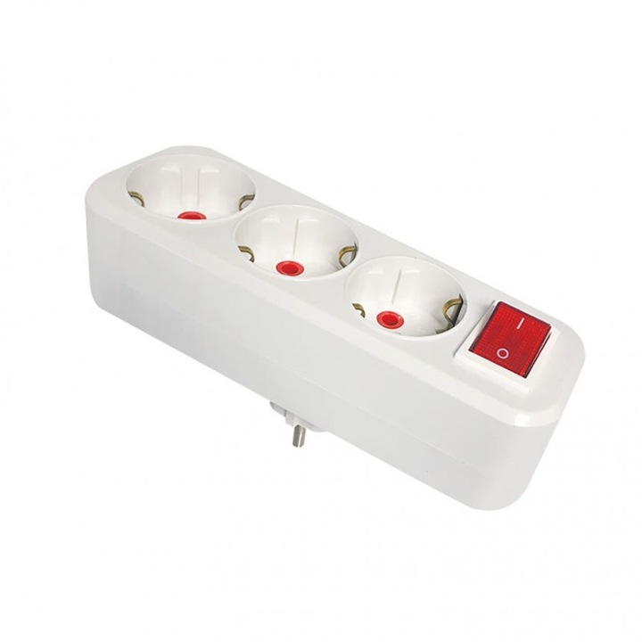 Triplu stecher, Mutlusan, Plastic, cu buton on/off, Alb/Rosu
