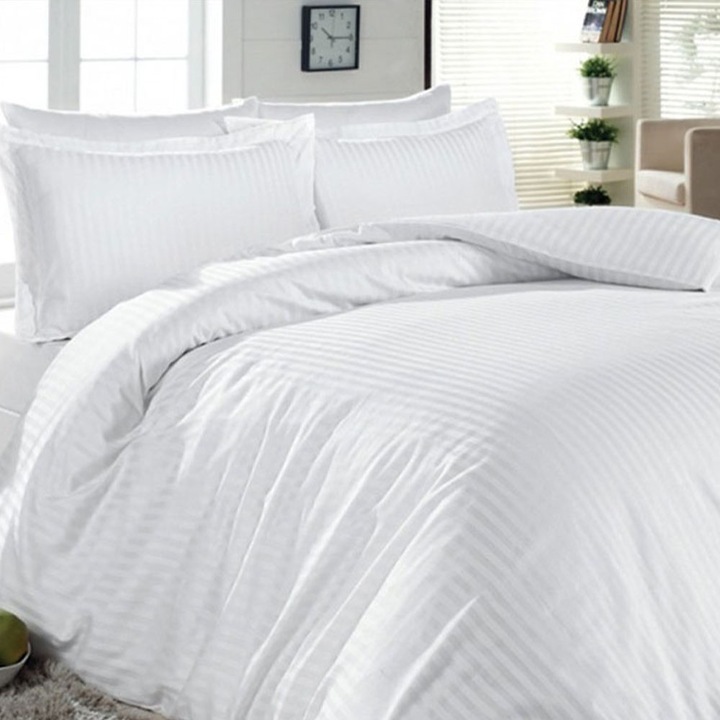 Kotonia Home Hotel King Size спално бельо от 4 части, 100% памук, дамаски сатен, тънки райета, бяло