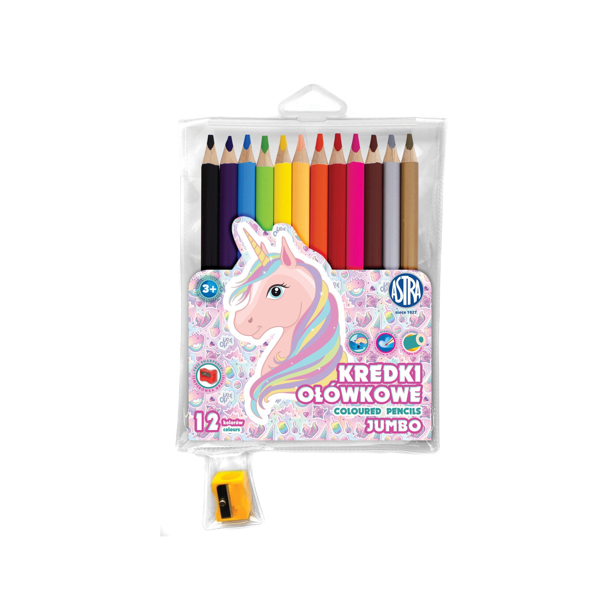 Комплект моливи с острилка, Jumbo Unicorn, Astra, Многоцветен, 12 броя ...