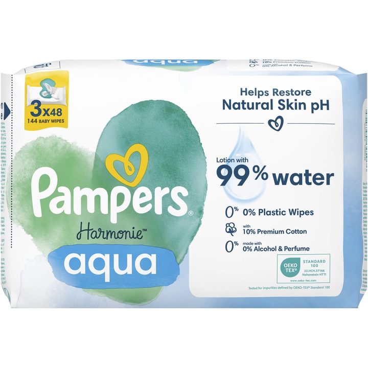 Servetele umede Pampers Harmonie Aqua, 0% plastic, 3 pachete x 48, 144 b