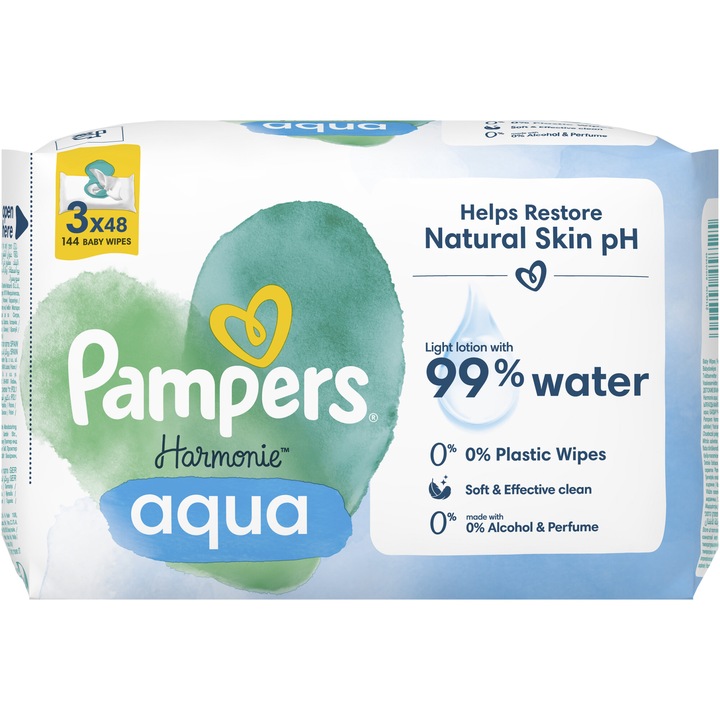 Мокри кърпички Pampers Harmonie Aqua, 0% пластмаса, 3 пакета x 48, 144 броя