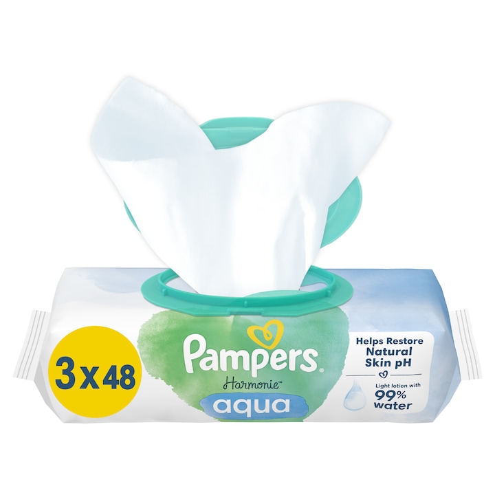 Мокри кърпички Pampers Harmonie Aqua, 0% пластмаса, 3 пакета x 48, 144 броя