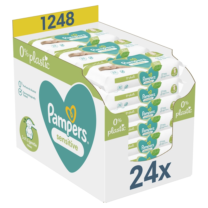 Морки кърпички Pampers Sensitive, 0% пластмаса, 24 пакета x 52 = 1248 броя