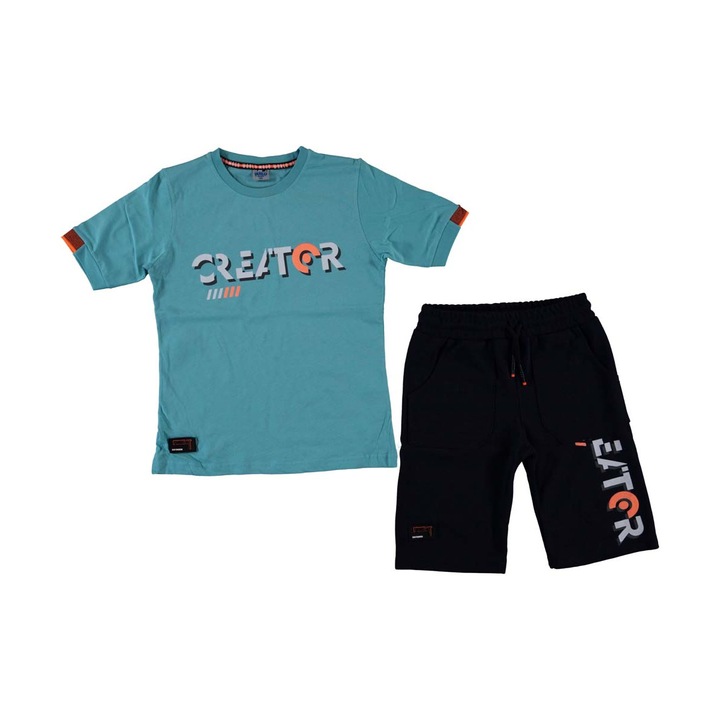 Tricou si pantaloni scurti, compleu vara baieti, Creator, bumbac, Negru/Albastru