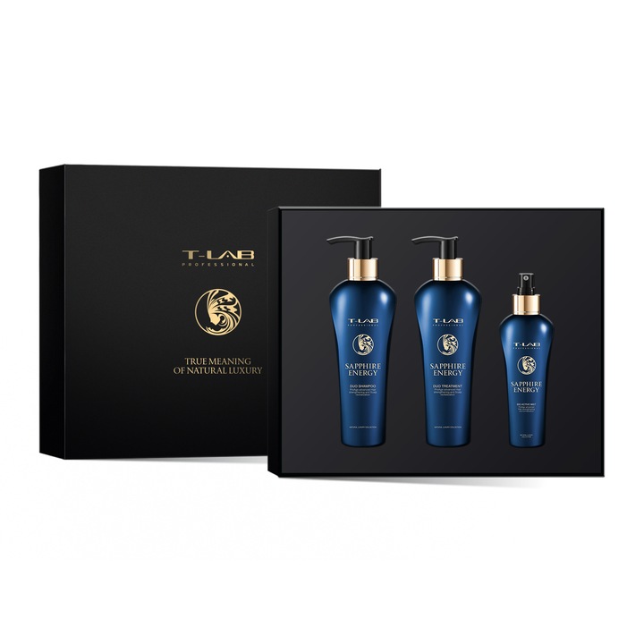 Set T-LAB Professional Sapphire Energy Ritual Sampon, 300 ml, Tratament par, 300 ml, Tratament fara clatire, 150 ml