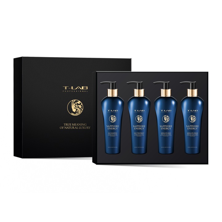 Set T-LAB Professional Sapphire Energy Whole Body Sampon, 300 ml, Tratament par, 300 ml, Gel de dus, 300 ml, Crema de corp, 300ml