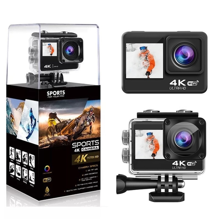 Спортна екшън камера AUSEK, Модел AT-Q60ER, 4K, 60fps, Тъч скрийн, 170 градуса, Wi-fi, Hdmi, Черна