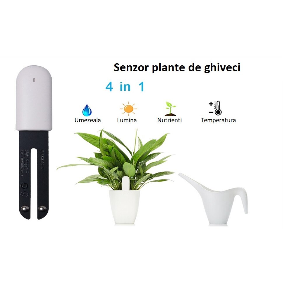 Senzor pentru plante de ghiveci, tester substrat, smart, aplicatie Android  si iOS, bluetooth, masurare umezeala, temperatura, lumina si nutrienti, ...