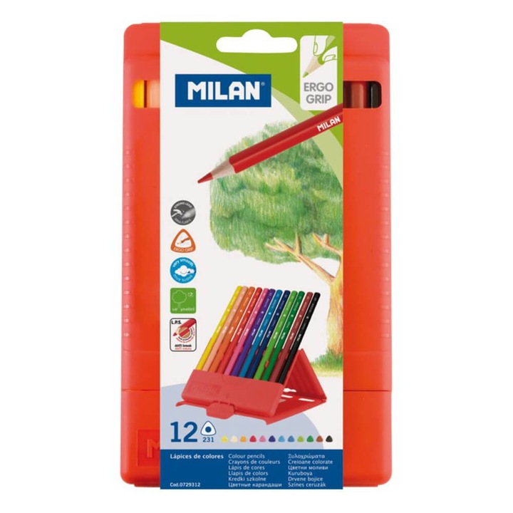 Set 12 Creioane Colorate Milan, Cutie din Plastic, Multicolor