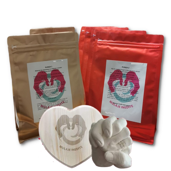 Kit mulaj maini cuplu - mulaje maini cu suport de lemn in forma de inima inclus
