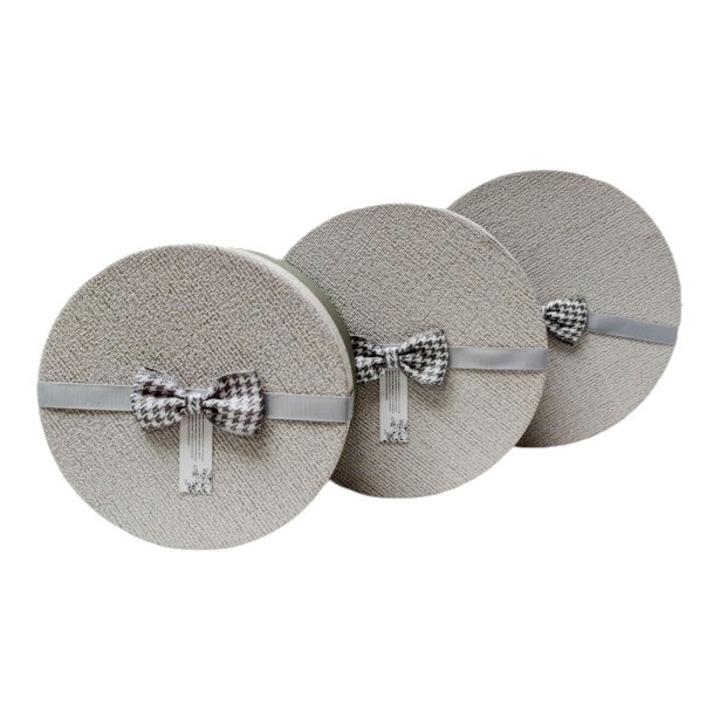 3 db díszdoboz készlet, kerek modell, textil masni, szürke, 19-22 cm