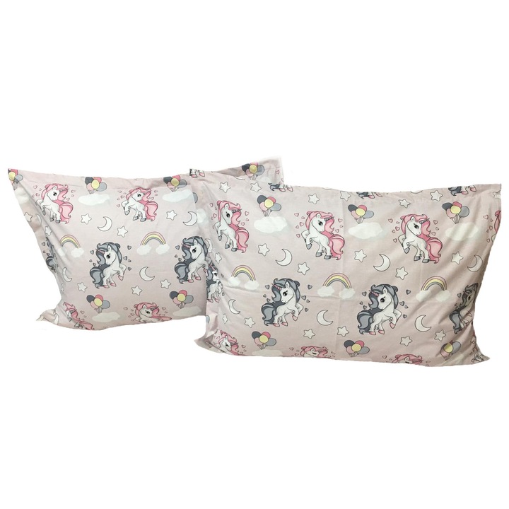 Set doua huse de perna roz pudra, pentru copii, 50X70cm, din colectia "Basm cu unicorni" din bumbac ranforce, Liz Line - SPR50/70236