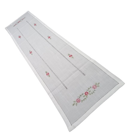 Fata de masa din in, traversa, cusuta manual, alba cu flori rosii, 40x150 cm