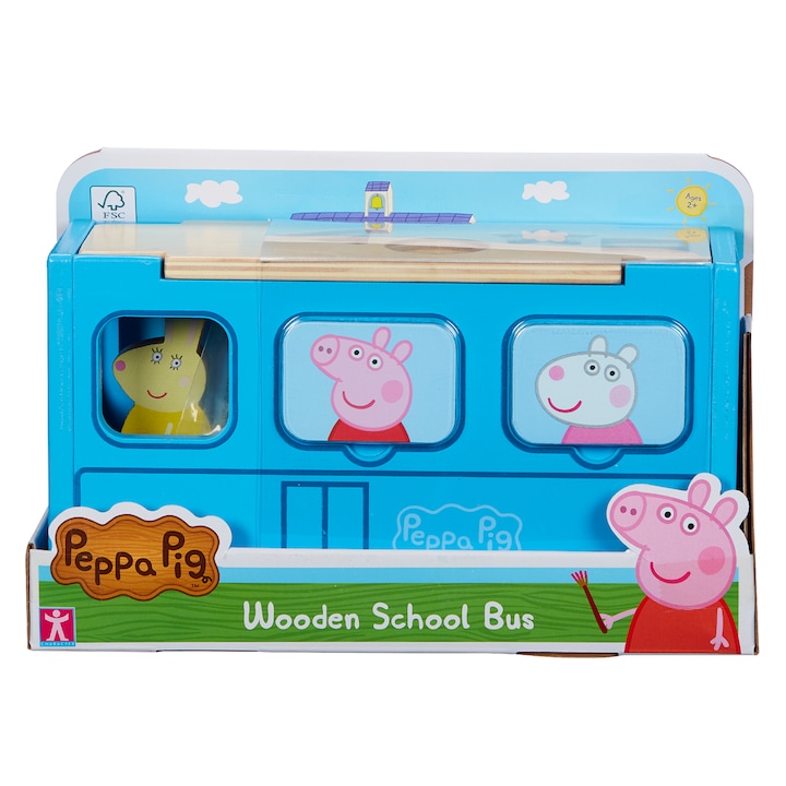 Играчка за сортиране Peppa Pig, Дървена - Училищен автобус, С фигурка