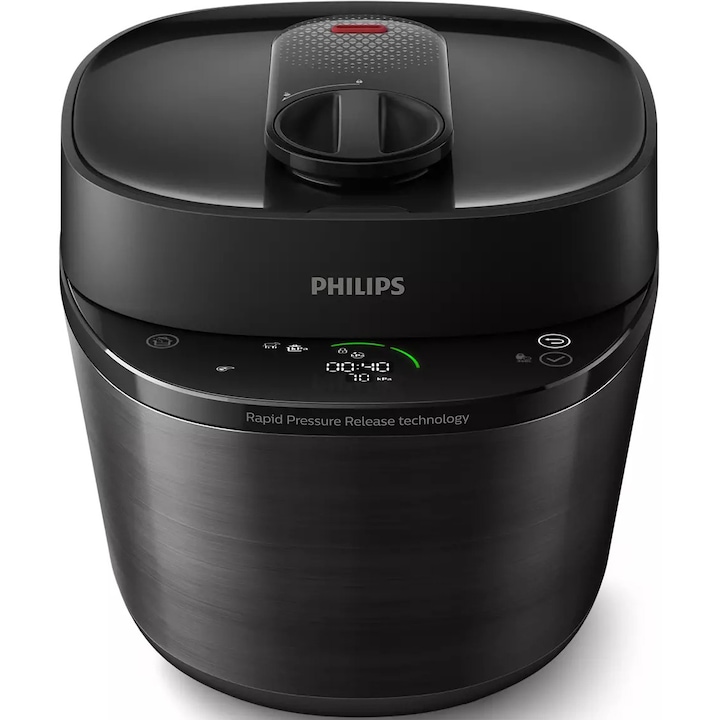 Мултикукър Philips HD2151/40 All-in-One с готвене под налягане, 1000W, капацитет 5 л, 35 предварително зададени програми, Бързо готвене, Освобождаване на налягането, Персонализиране на етапите на готвене, Приложение NutriU, Черен
