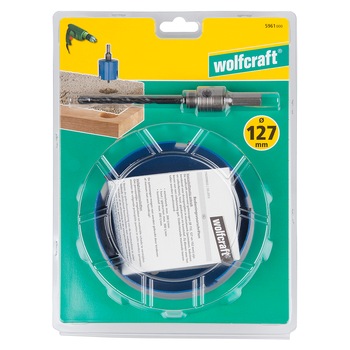 Carota universala completa Wolfcraft 5961000, diametru 127 mm, cu burghiu de centrare HM cu diametrul de 8 mm si tija hexagonala Carota universala completa Wolfcraft 5961000, diametru 127 mm, cu burghiu de centrare HM cu diametrul de 8 mm si tija hexagonala