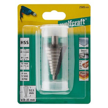Burghiu in trepte Wolfcraft 2585000, diametre 8-35, lungime utila 52.5 mm, tija 10 mm Burghiu in trepte Wolfcraft 2585000, diametre 8-35, lungime utila 52.5 mm, tija 10 mm