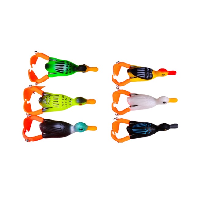 Set 6 momeli pescuit la rapitor, FISHINGBOX MAKE FISHING BETTER, vobler boboc de rata din silicon cu picioare rotative, stiuca, somn, culori naturale