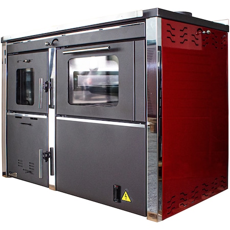Termosemineu pe lemne, carbune si bricheti Fornello Star Red, 34 KW, cu plita si cuptor pentru gatit, echipat cu pompa de circulare, 92.4x73.3x115.8cm