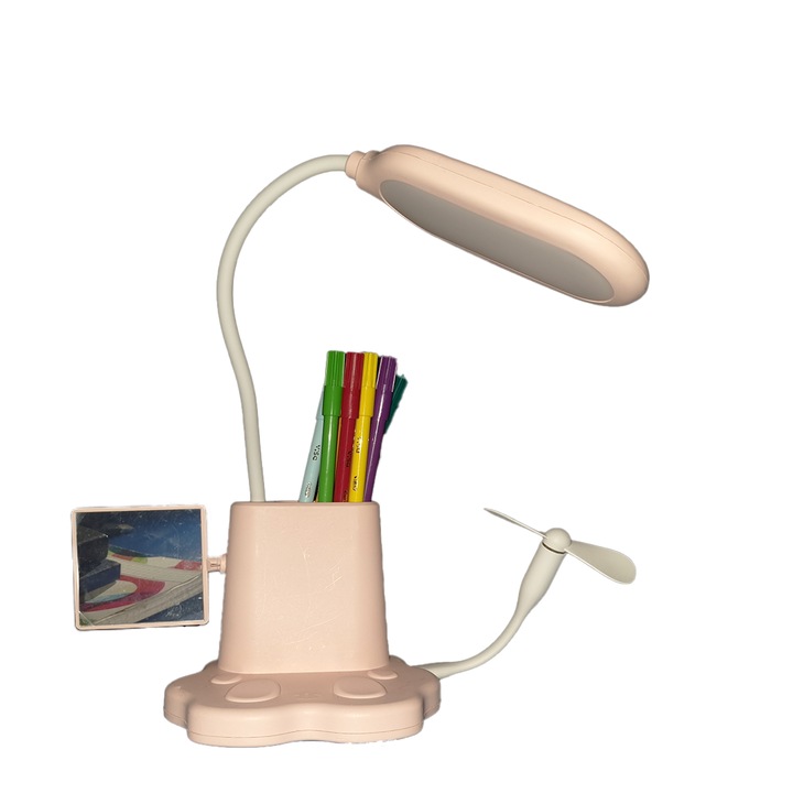 Lampa de birou, LED, 3W reincarcabila, 3 moduri de lumina, suport de pixuri, oglinda si ventilator, roz, 13x11x49 cm
