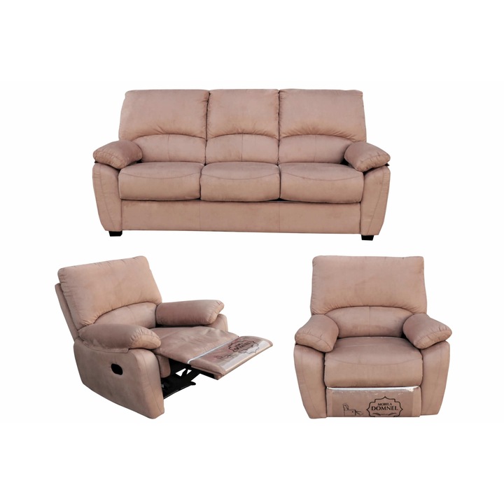 Set canapea 3 locuri extensibila si 2 fotolii cu recliner manual, Model 2818, Microfibra HE 04-14, 200x95x95 cm