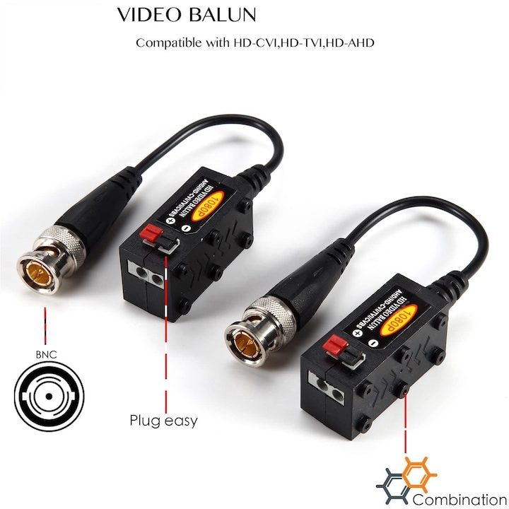 Set 2 buc video balun 8MP, HD-CVI/TVI/AHD/CVBS, modular, press fit