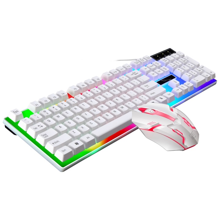 Kit mouse si tastatura cu fir, Lumini LED Combo gaming, computer, laptop, alb OMC