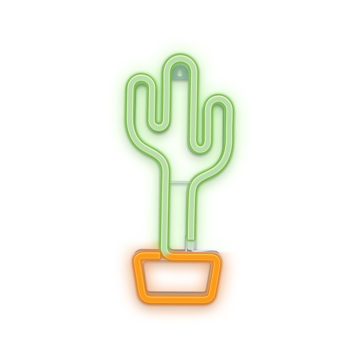 LED neonfény dekoráció, Kaktusz, 33x14 cm, elemekkel és USB-vel, Zöld / Narancs
