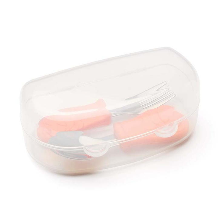 Set tacamuri cu furculita si lingurita pentru copii, Dodoli, Leu, 10cm, Roz somon