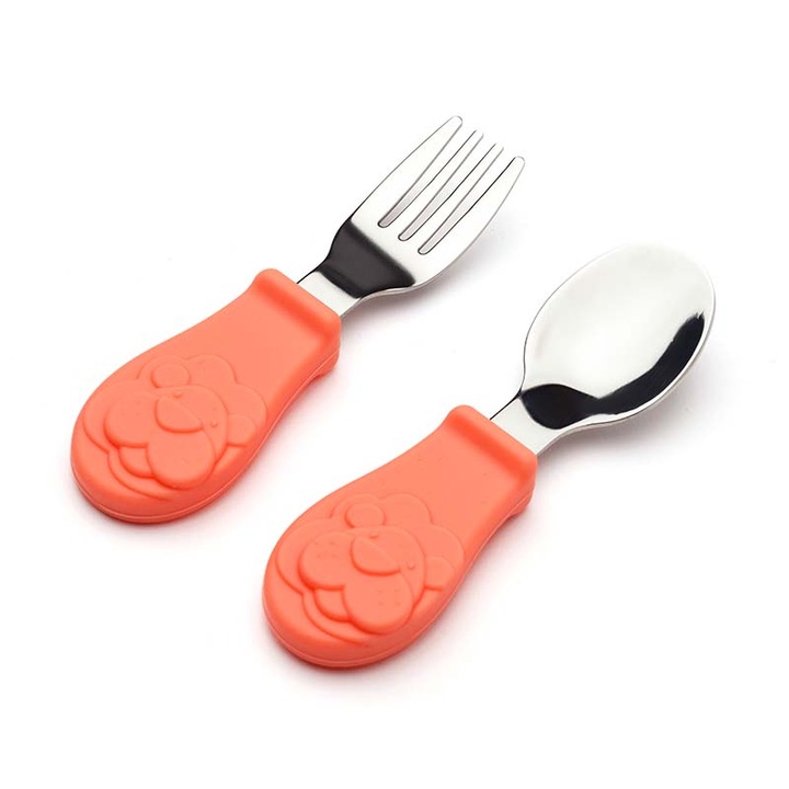 Dodoli Leo Evőeszköz készlet, villával és kanállal, gyerekeknek, 10 cm, lazac rózsaszín