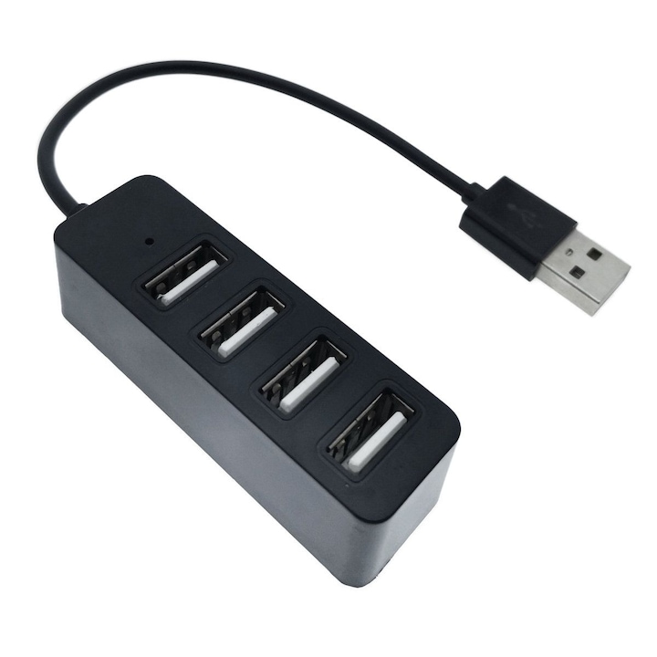 Хъб с 4 x USB 2.0 порта, LED, универсален, 65x20x18 mm, дължина 10 cm, Черен