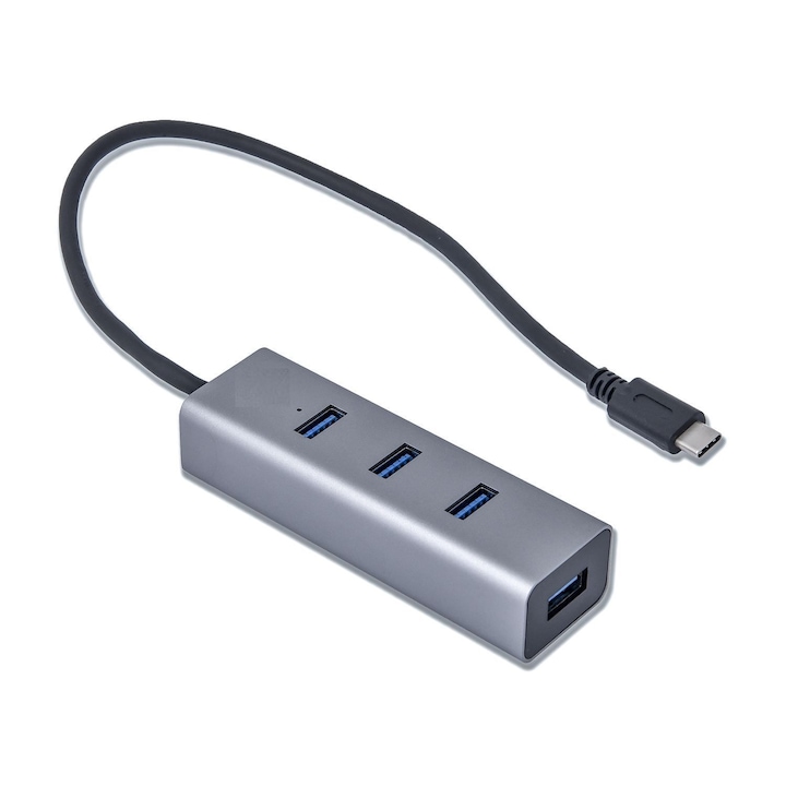 Хъб с 4 x USB 3.0 порта и USB-C конектор, LED, универсален метал, 96x30x21 мм, дължина 28 см, Сив