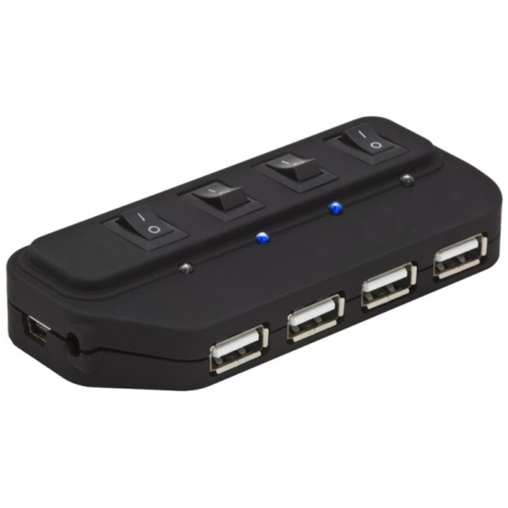USB 2.0 хъб с 4 порта и ключове за захранване, LED, 5V, 500mA, Черен