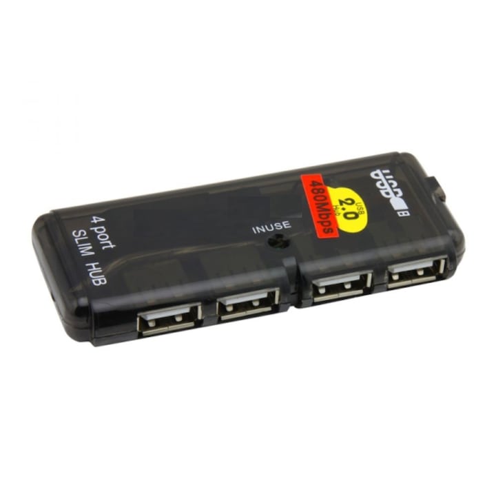 Хъб USB 2.0, 4 x USB порта, 480 Mbps, Черен