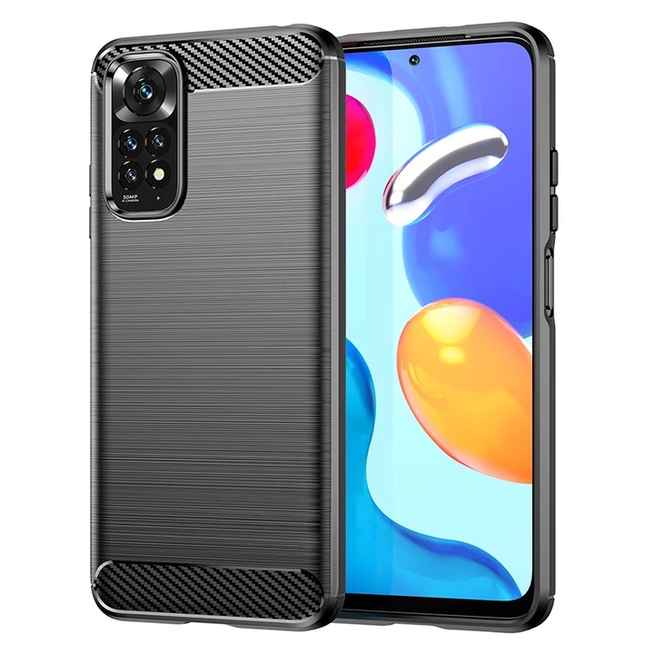 Husa Carbon Resistance pentru Xiaomi Redmi Note 11 / Note 11S, Fiber Design, Anti-Soc, Negru Titan