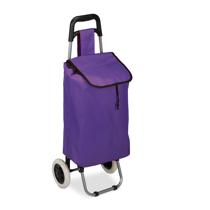 Carucior cumparaturi, pliabil, cu 2 roti, capacitate incarcare pana la 10 kg, geanta detasabila 25 L, cadru inox, lila/negru/argintiu, 40 x 30 x 91 cm