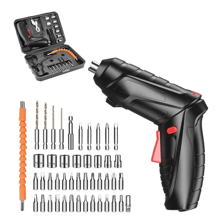 Set surubelnita electrica wireless, 50W, Reincarcabila, Cutie depozitare, 48 Accesorii, Negru