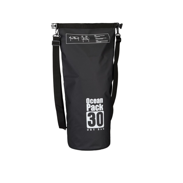 Geanta impermeabila, pentru plaja sau drumetii, rezistenta la praf si umiditate, PVC robust, 30 L, negru/alb, 38 x 0.5 x 72 cm