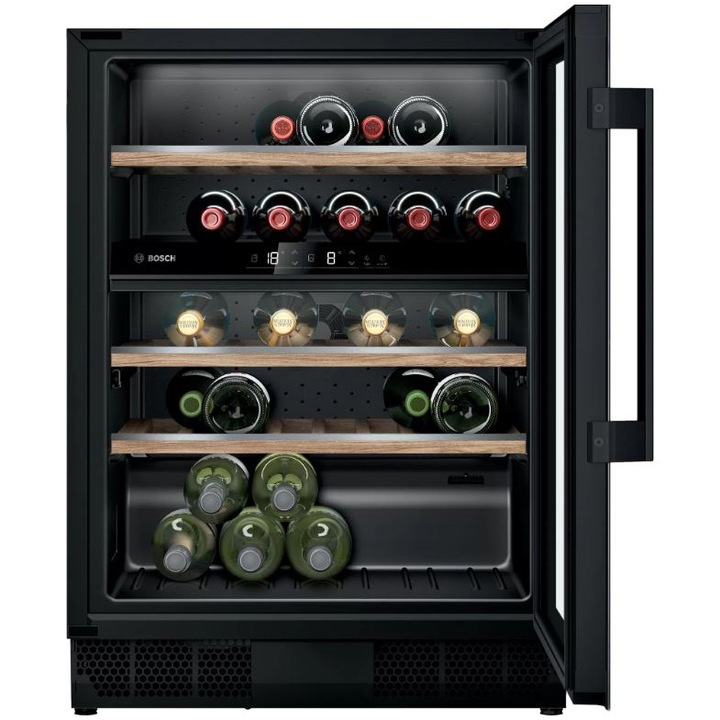 Vitrina vinuri incorporabila Bosch KUW21AHG0, 120 l, 44 sticle, Iluminare LED, Doua circuite de racire, Clasa G, 82 cm, Sticla