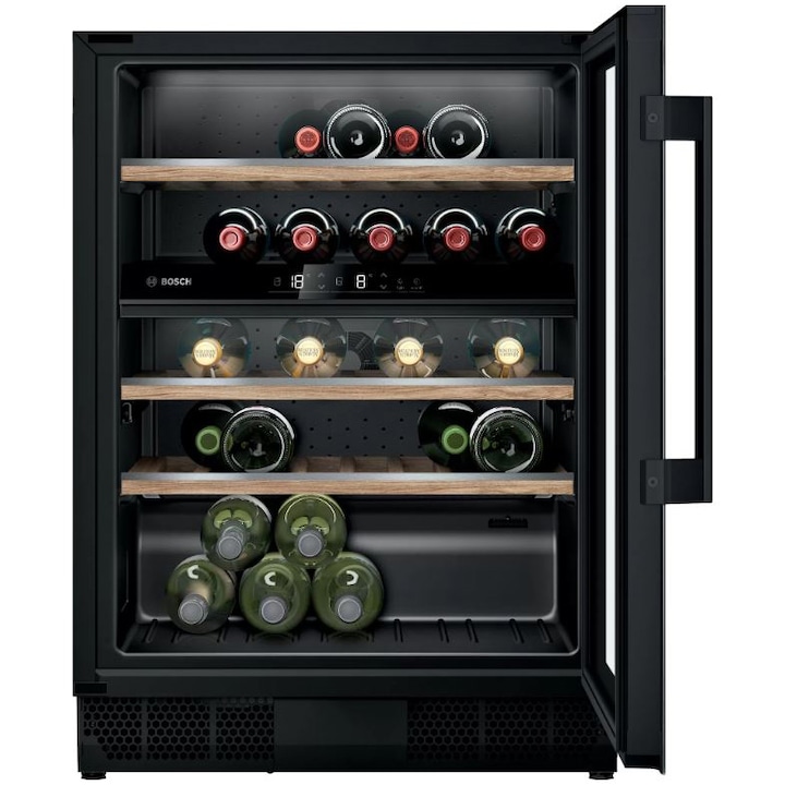 Витрина за вино за вграждане Bosch KUW21AHG0, 120 л, 44 бутилки, LED осветление, Два охладителни кръга, Клас G, 82 см, Стъкло