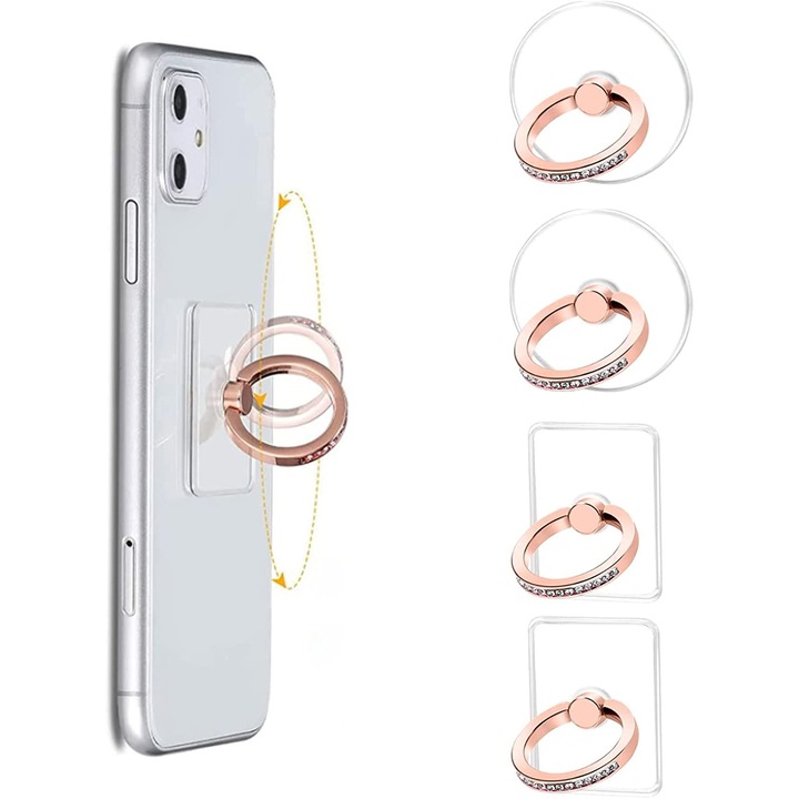 Set 4 suporturi telefon, Acril, Rotire 360/180, Adeziv, Compatibilitate universala, Transparent/Roz