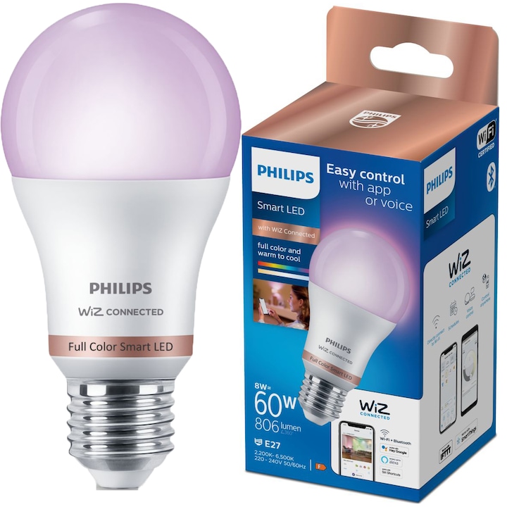 Bec LED RGB inteligent Philips, Wi-Fi, Bluetooth, A60, E27, 8W (60W), 806 lm, lumina colorata, clasa energetica F